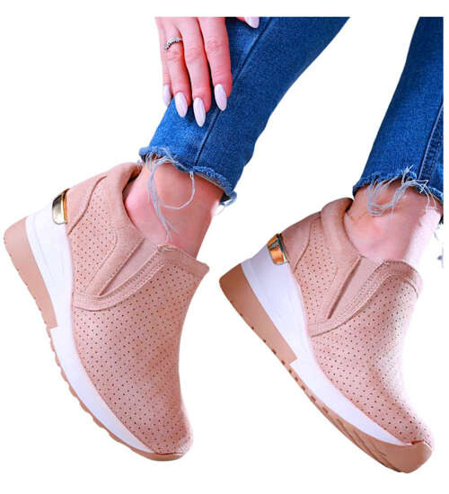 Beżowe damskie trampki na koturnie /F1-2 13890 S595/