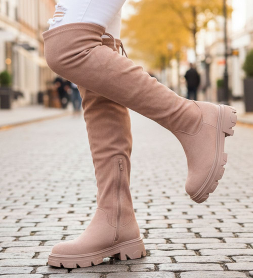 Wysokie zamszowe kozaki z łańcuchem Khaki /A5-1 12724 T707/