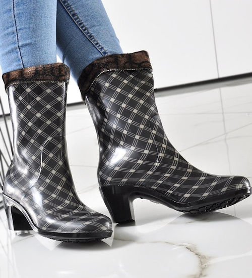 Kalosze w kratkę na obcasie z dopinanym ocieplaczem /C2-1 9571 S290/