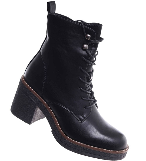 Sznurowane botki workery na obcasie Czarne /i6-3 h2 18406 W385/