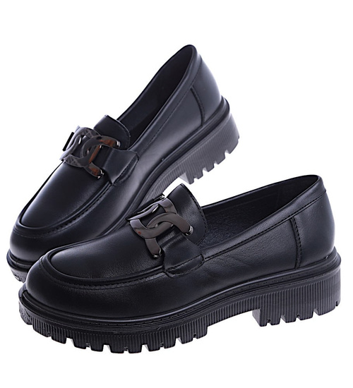 Czarne półbuty loafersy na niskiej platfomie /G2-2 14879A T485/