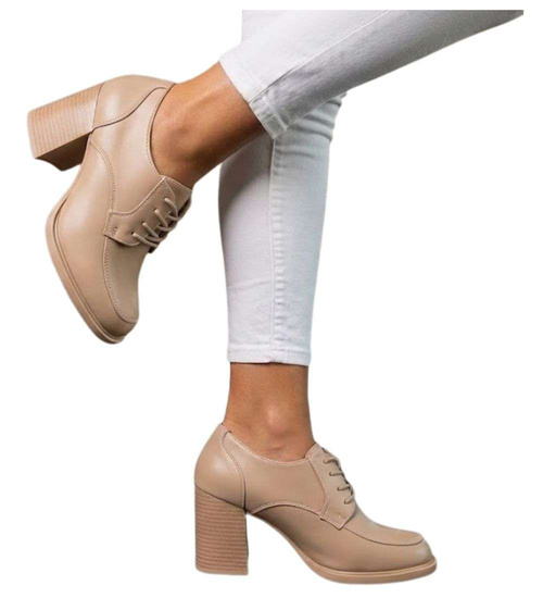 Sznurowane beżowe czółenka na słupku /C7-3 18667 T359/