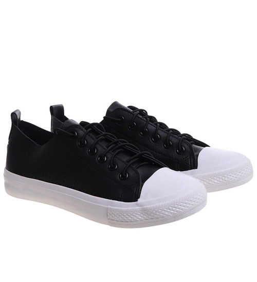 Sznurowane ażurowe czarne trampki damskie /C7-3 12312 S191/