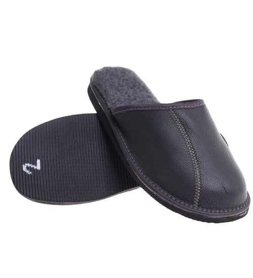 Skórzane kapcie męskie z wełną Szare /D8-1 18467 S197/