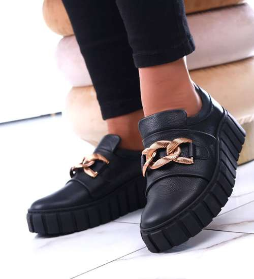 Czarne skórzane damskie trampki creepersy /G2-2 13605 N196/ Czarne skórzane damskie trampki creepersy /G2-2 13605 N196/