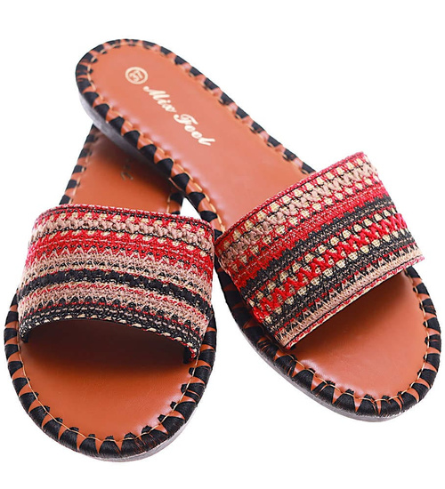 Płaskie klapki damskie z azteckim wzorem Black /B4-2 16354 G079/