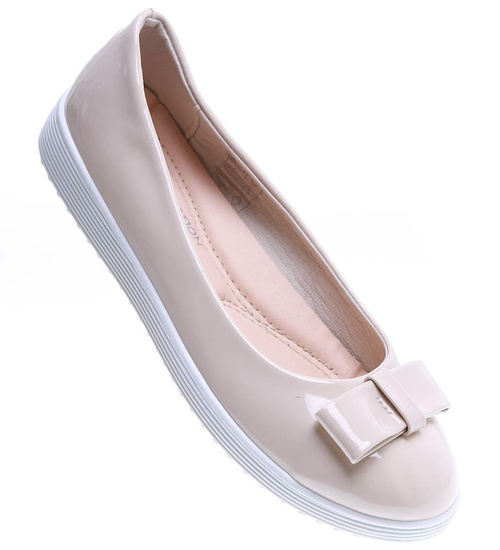 Beżowe balerinki damskie z kokardą /E3-2 15718 T140/