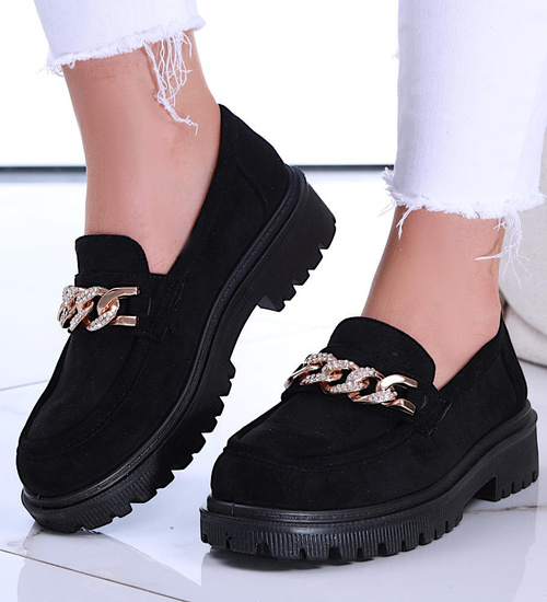 Czarne półbuty loafersy na niskiej platfomie /C7-2 14873 T485/