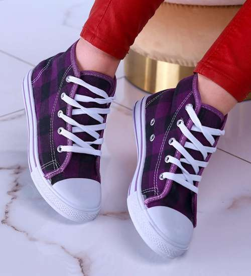 Wysokie damskie trampki z tkaniny w kratkę fioletowe /D5-2 7629 S097/ Wysokie damskie trampki z tkaniny w kratkę fioletowe /D5-2 7629 S097/