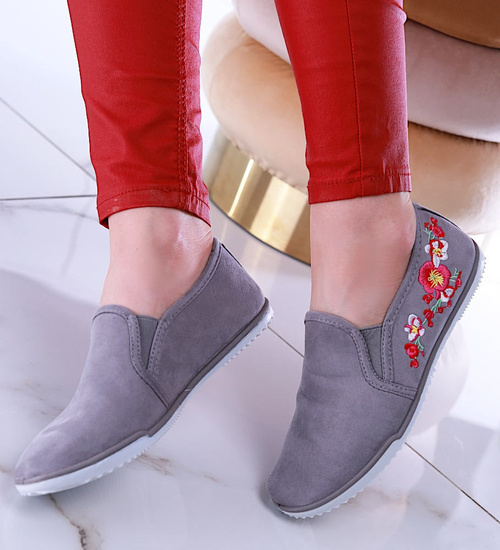 Szare tenisówki z kwiatowym haftem /E3-3 13463 T149/