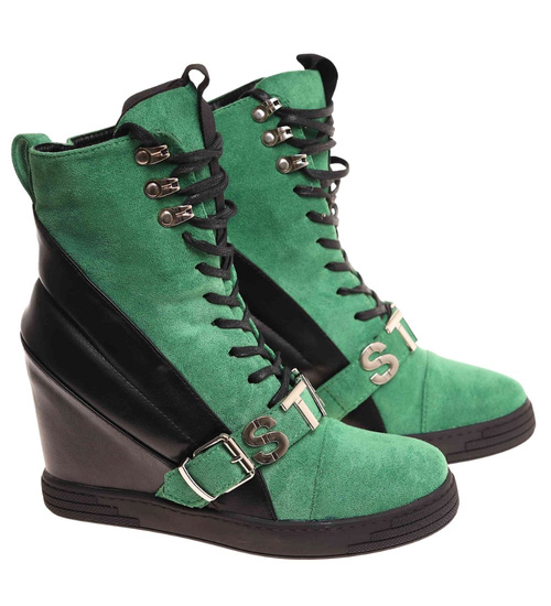 Sznurowane zielono czarne trampki sneakersy koturnie /F8-3 18060 T284/