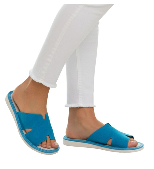 Skórzane domowe klapki kapcie niebieskie /F8-1 13378 S194/