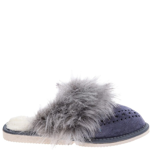 Skórzane ocieplane kapcie damskie Granatowe /C1-1 9942 S197/