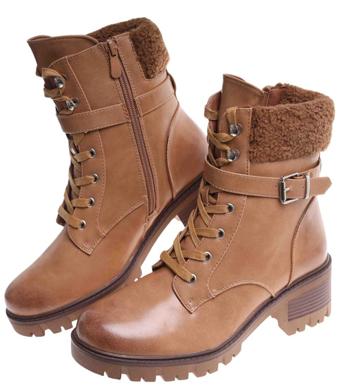 Karmelowe ocieplane botki damskie /F9-3 18180 T432/