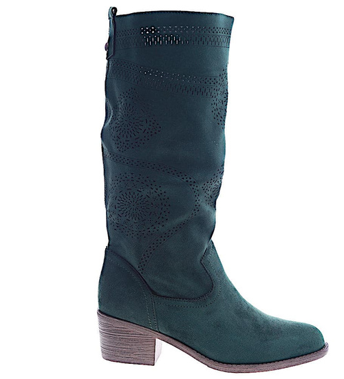 Ażurowe zielone wiosenne kozaki na klocku /G2-2 13528A W493/