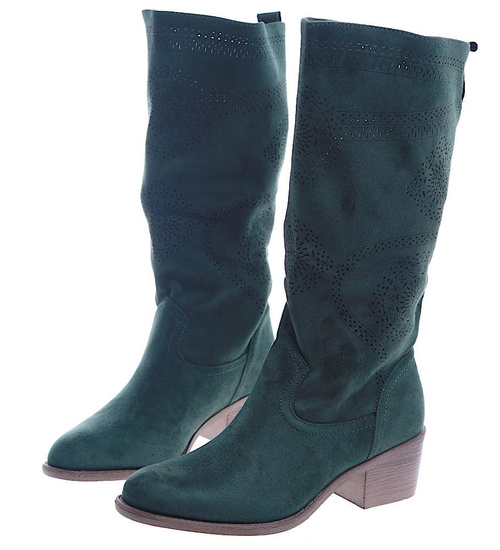 Ażurowe zielone wiosenne kozaki na klocku /G2-2 13528A W493/