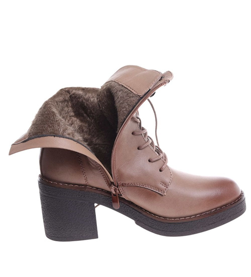 Sznurowane botki workery na obcasie Khaki /i4-3h2 18407 W385/