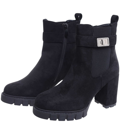 Czarne botki damskie na obcasie słupku /G13-3 18298 T388/