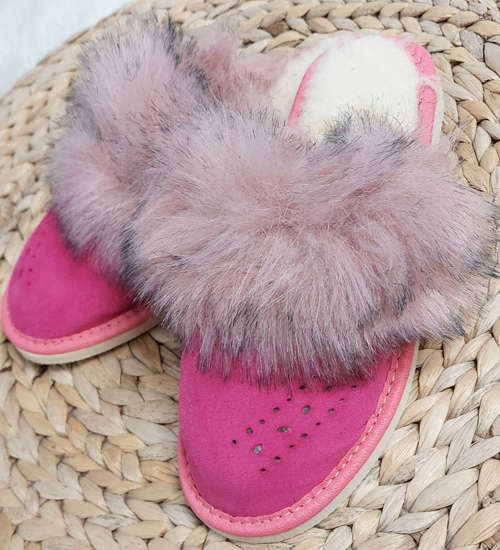 Skórzane ocieplane kapcie damskie Różowe /G2-1 9941 S198/