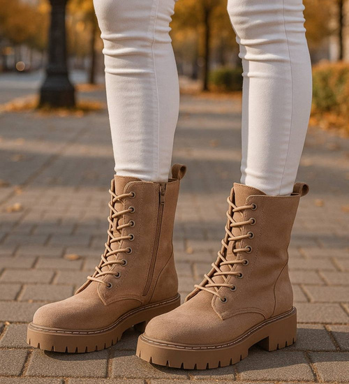 Beżowe wiązane botki workery zamszowe /J4-2 h2 18413 W388/