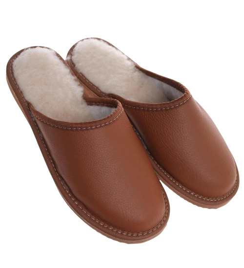 Skórzane brązowe kapcie damskie z wełną /C6-1 12796 S196/