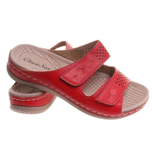 Czerwone klapki damskie na rzepy /B2-2 17859 T286/