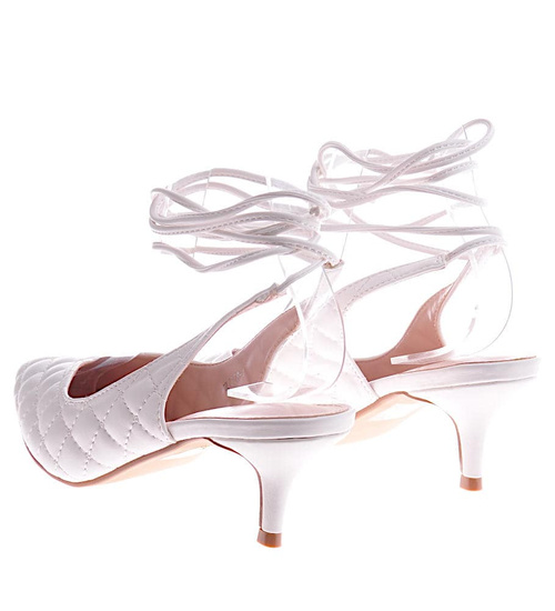 Białe czółenka na niskim obcasie Lace Up /B3-2 12206 T390/