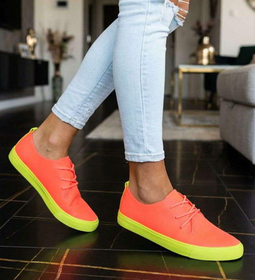 Pomarańczowe wiązane trampki damskie /E1-3 8895 S076/