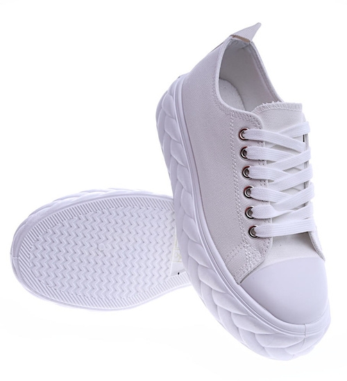 Białe materiałowe damskie trampki na platformie /G12-2 13880 S3/