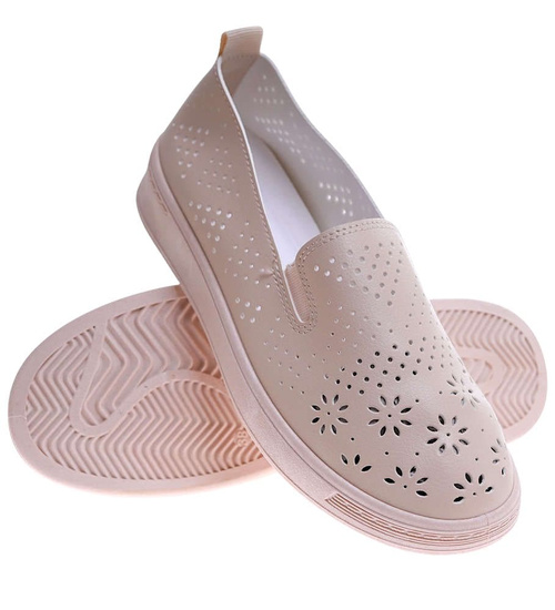 Beżowe ażurowe półbuty damskie /E9-3 17264 W187/