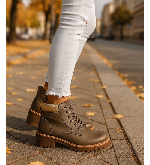 Sznurowane ocieplane botki trapery Khaki /F9-2 18277 W432/