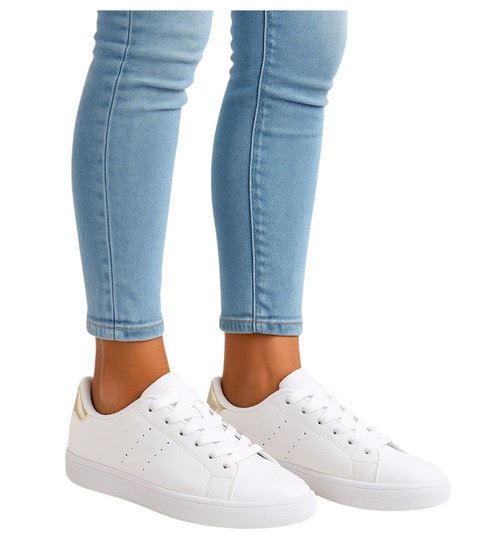 Białe damskie trampki ze złotymi dodatkami /A3-3 16248 T293/