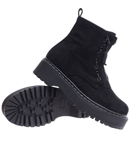 Czarne sznurowane botki trapery na platformie /E6-3 17165 T288/