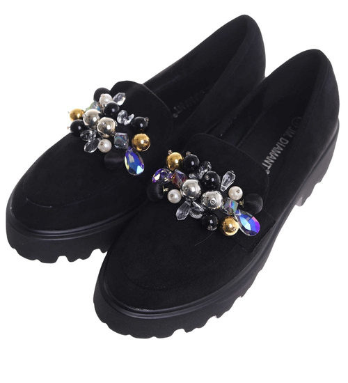 Czarne półbuty loafersy na platformie z kamieniami /A8-2 18483 T203/