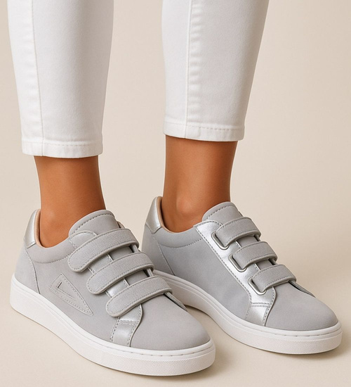 Srebrne trampki damskie na rzepy /C1-2 17596 T135/