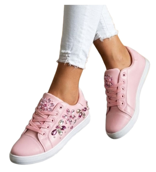 Damskie trampki z kamieniami Różowe /G9-3 10804 T128/