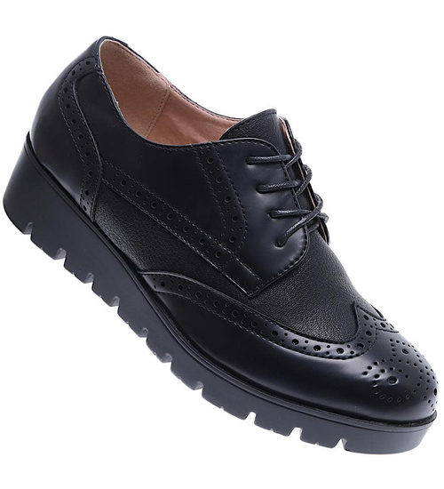 Sznurowane czarne półbuty na niskim obcasie /F9-3 15754 T223/