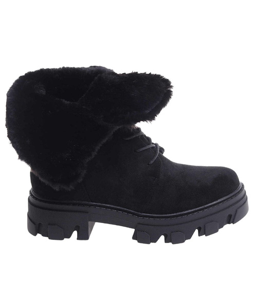 Zimowe botki trapery z wywijaną cholewką Czarne /G3-3 18529 T288/