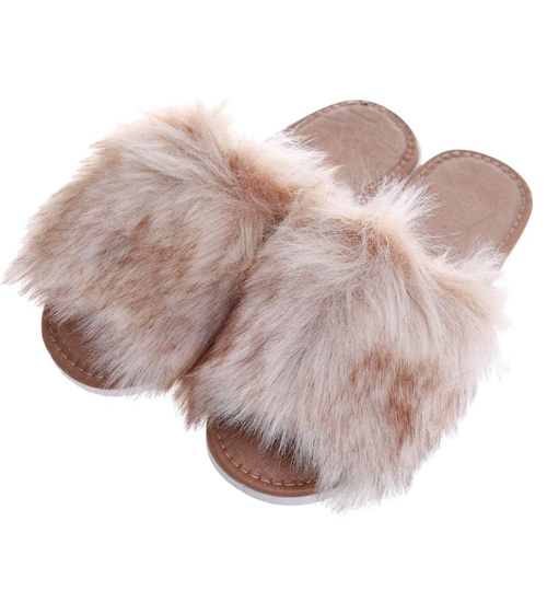 Beżowe damskie klapki z kudłatym futerkiem Premium /G8-1 11405 S292/