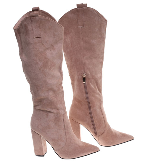 Beżowe kozaki damskie do kolan2 gatunek ost501