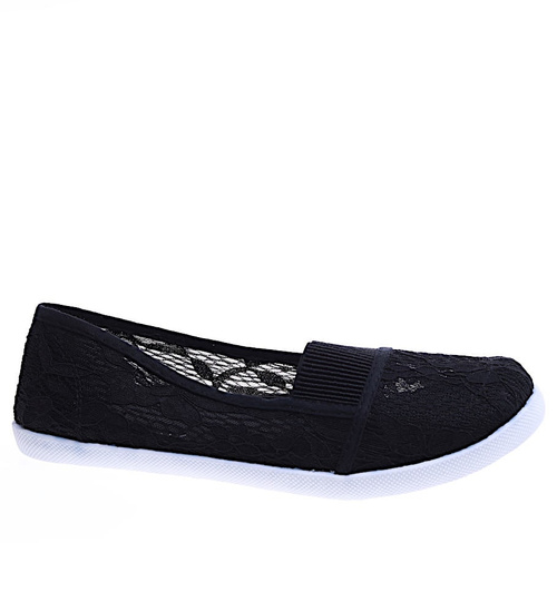 Przewiewne damskie tenisówki slip on z koronki Czarne /F7-2 14551 S154/