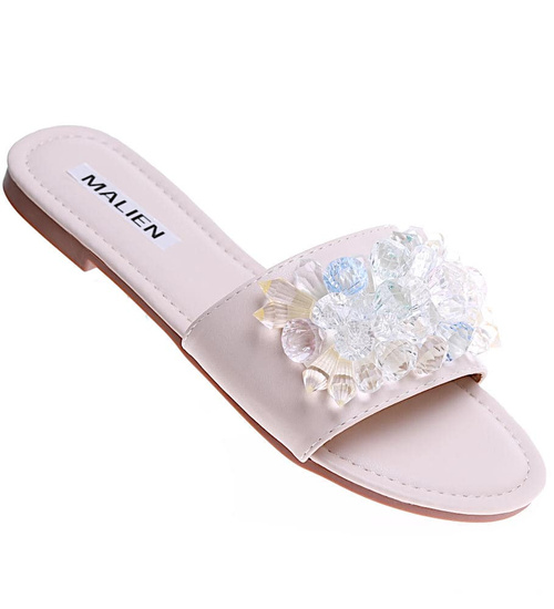 Beżowe płaskie klapki damskie z kamieniami /C6-2 16164 T287/