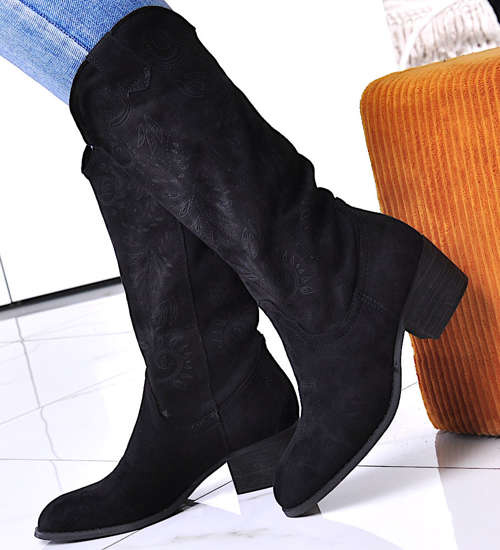 Czarne zamszowe kozaki na słupku /C2-3 12510 T587/ Czarne zamszowe kozaki na słupku /C2-3 12510 T587/