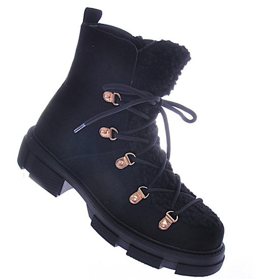 Wysokie botki sztyblety z obszytym kożuszkiem Czarne /G7-3 12599 T916/