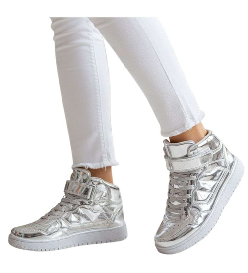 Wiązane srebrne sneakersy z wysoką cholewką /D1-3 14719 T282/