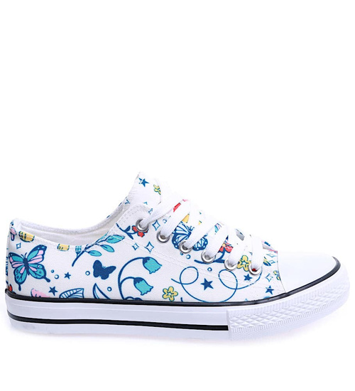 Białe sznurowane damskie trampki z kolorowym printem /D7-2 15604 T266/