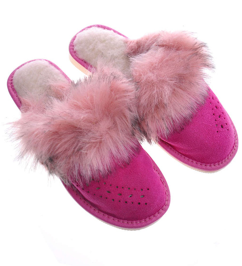 Skórzane ocieplane kapcie damskie Różowe /G2-1 9941 S198/