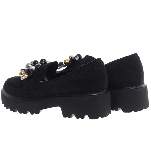 Czarne półbuty loafersy na platformie z kamieniami /A8-2 18483 T203/