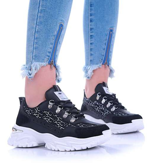 Sznurowane sportowe buty damskie czarne /A3-2 13923 T392/