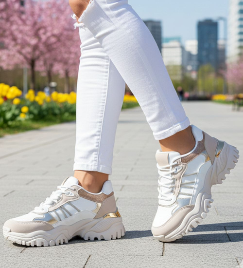 Sznurowane biało beżowe buty sportowe na platformie /G8-2 16805 T683/